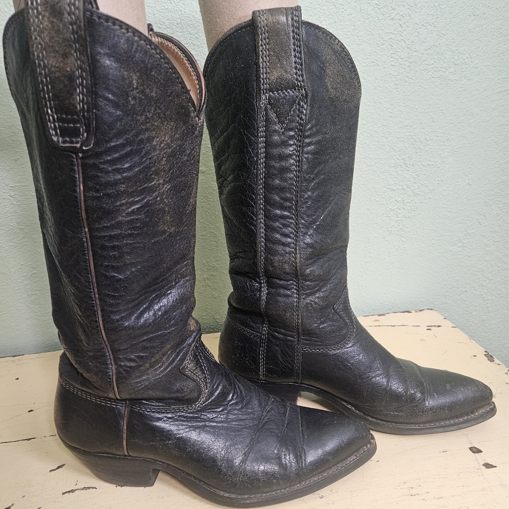 Distressed Vintage Handmade Black Leather Cowboy Moto Boots